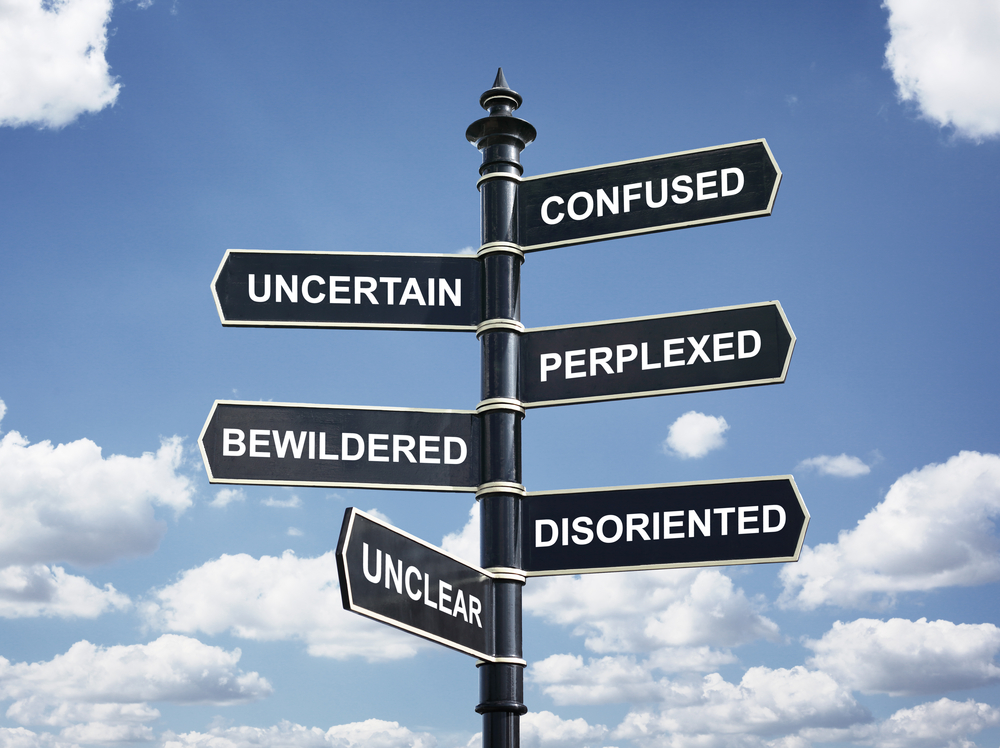 Crossroad,Signpost,Saying,Confused,,Uncertain,,Perplexed,,Bewildered,,Disoriented,,Unclear,Concept