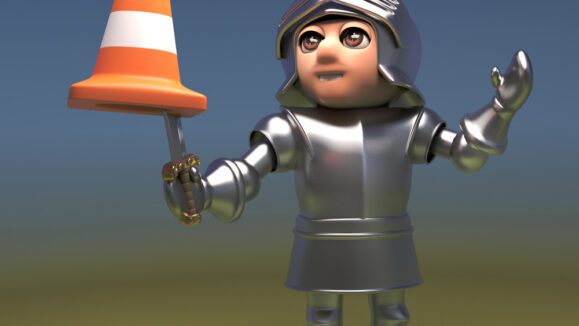 Silly,Medieval,Knight,In,Armour,Jests,With,A,Traffic,Cone