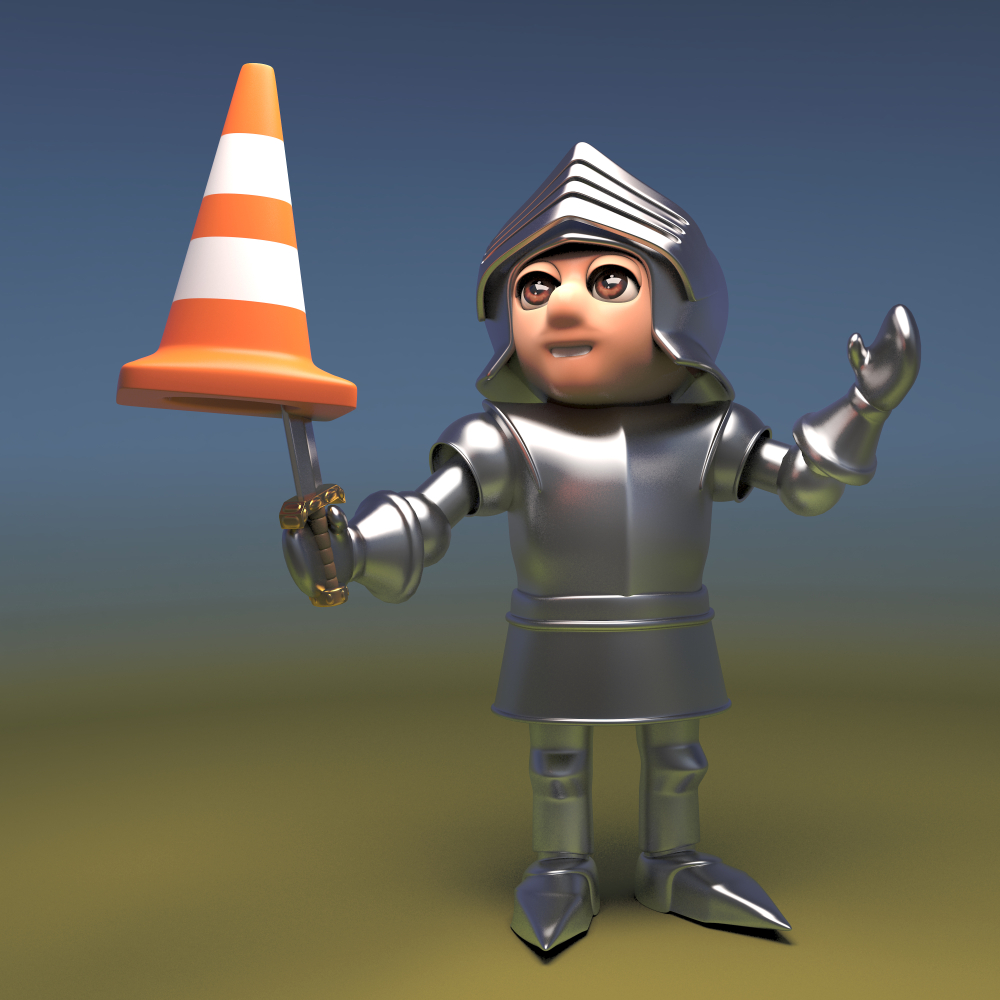 Silly,Medieval,Knight,In,Armour,Jests,With,A,Traffic,Cone