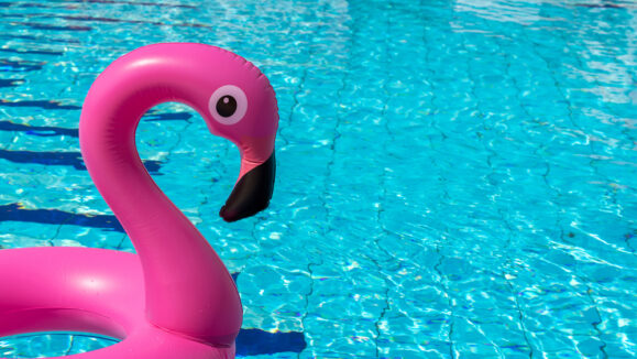 Hello,Summer.,Pink,Inflatable,Flamingo,In,Pool,Water,For,Summer