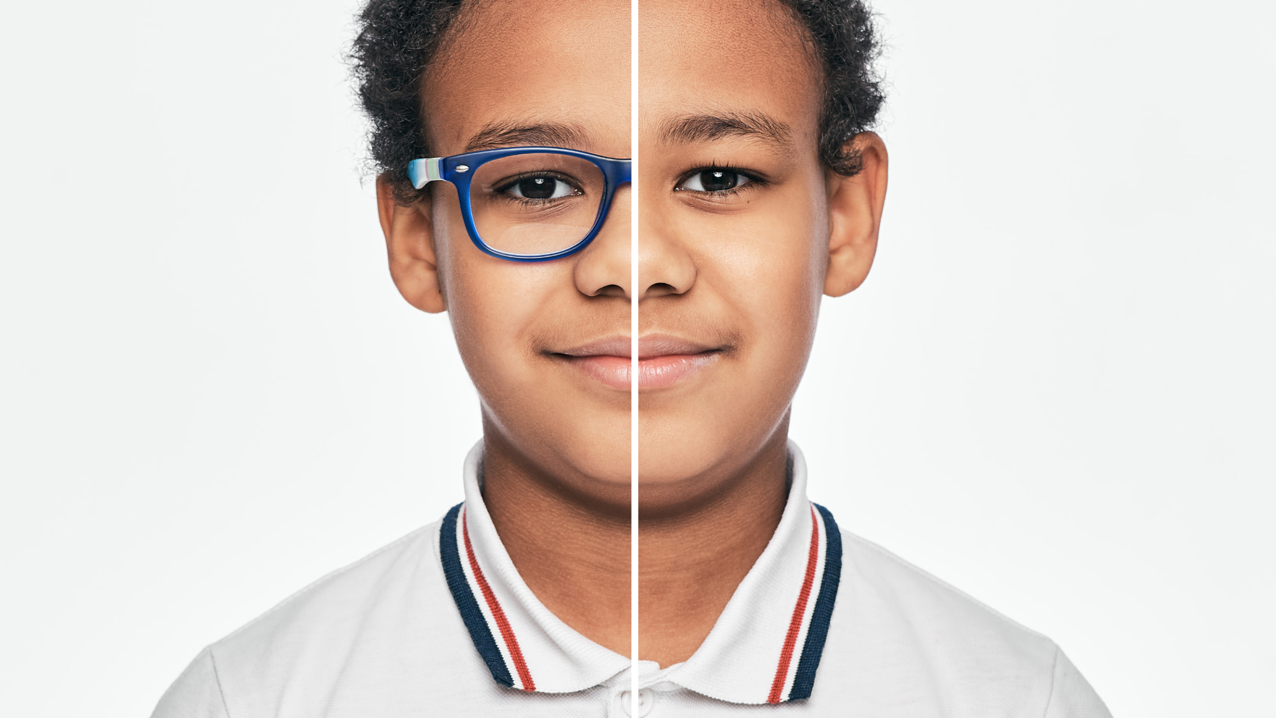 A close up picture of a young boy in two halves, one side is wearing blue eye glasses and the other without glasses